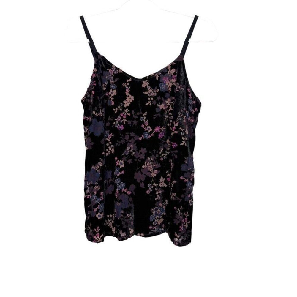 Paparazzi Velour V Neck Tank Top‎ Women M Black Multi Floral Boho Whimsical Goth